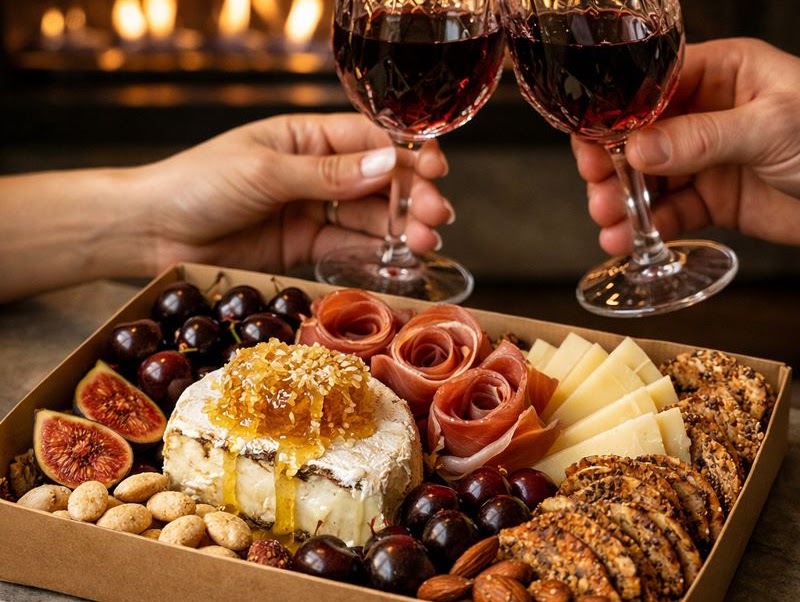 A charcuterie box with brie, honeycomb, prosciutto, figs and crackers, on a table between two glasses of red wine.
