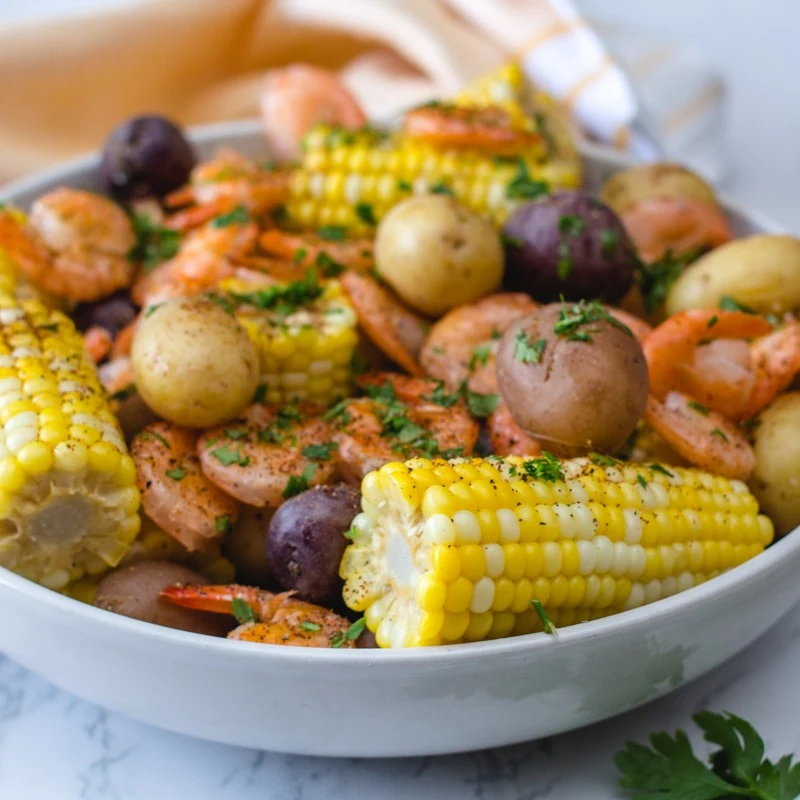 Shrimp, corn and potatoes in a coastal boil.